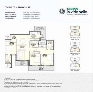 Floor Plan in 3 BHK Apartment at Eldeco La Vida Bella, Sector 12 Greater Noida – for Sale
