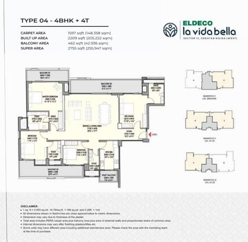 Floor Plan in 4 BHK Apartment at Eldeco La Vida Bella, Sector 12 Greater Noida – for Sale
