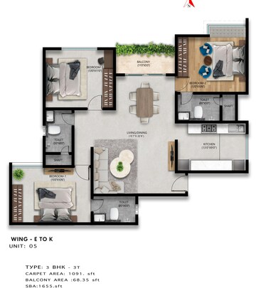 Floor Plan in 3 BHK Apartment at SNN Raj High Gardens, Hosur Road – for Sale