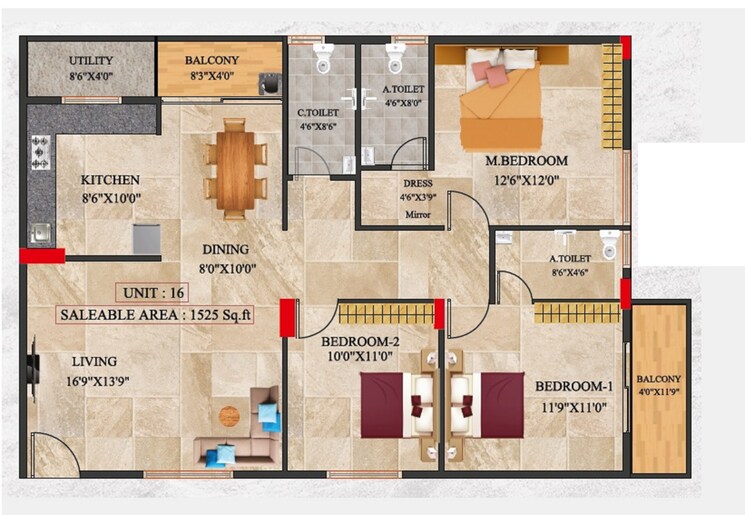 Floor Plan, talaghattapura 3 Bedroom 1525 Sq.Ft. Apartment In Talaghattapura Bangalore 9093085