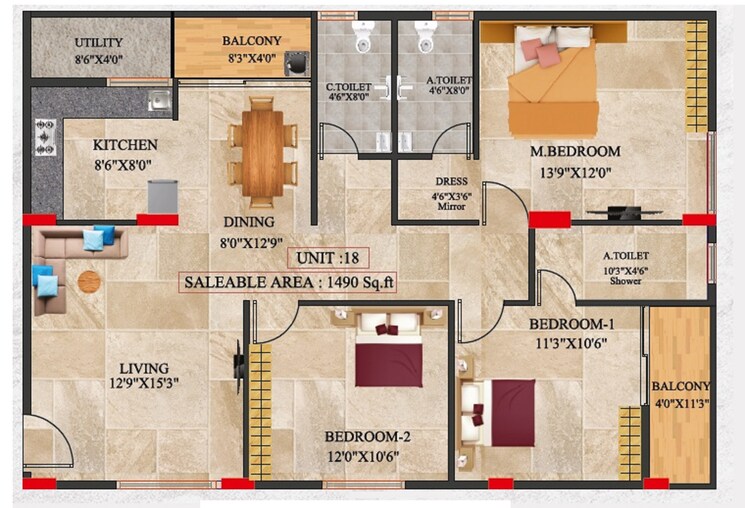 Floor Plan, talaghattapura 3 Bedroom 1490 Sq.Ft. Apartment In Talaghattapura Bangalore 9096341