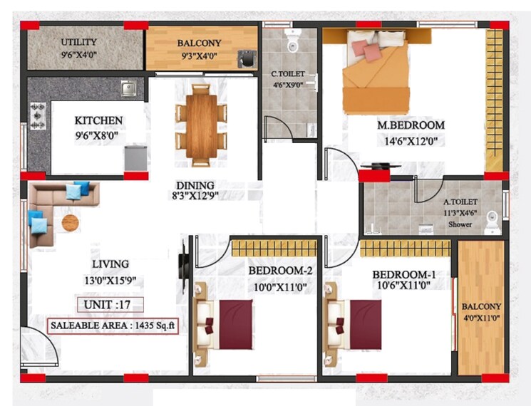 Floor Plan, talaghattapura 3 Bedroom 1435 Sq.Ft. Apartment In Talaghattapura Bangalore 9096212