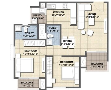Floor Plan in 2 BHK Apartment at Ajmera Lugaano, Yelahanka – for Sale