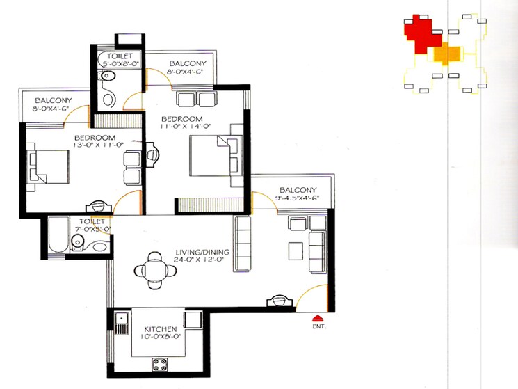 Floor Plan, omaxe-heights 2 Bedroom 735 Sq.Ft. Apartment In Sector 86 Faridabad 9104040