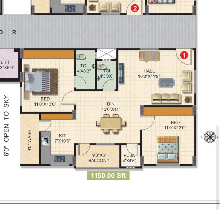 Floor Plan, hafeezpet 2 Bedroom 1275 Sq.Ft. Apartment In Hafeezpet Hyderabad 9108039