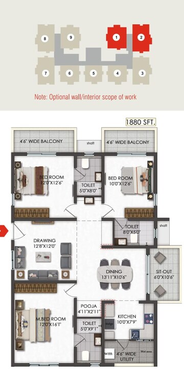 Floor Plan in 3 BHK Apartment at Team 4 Nyla, Miyapur – for Sale