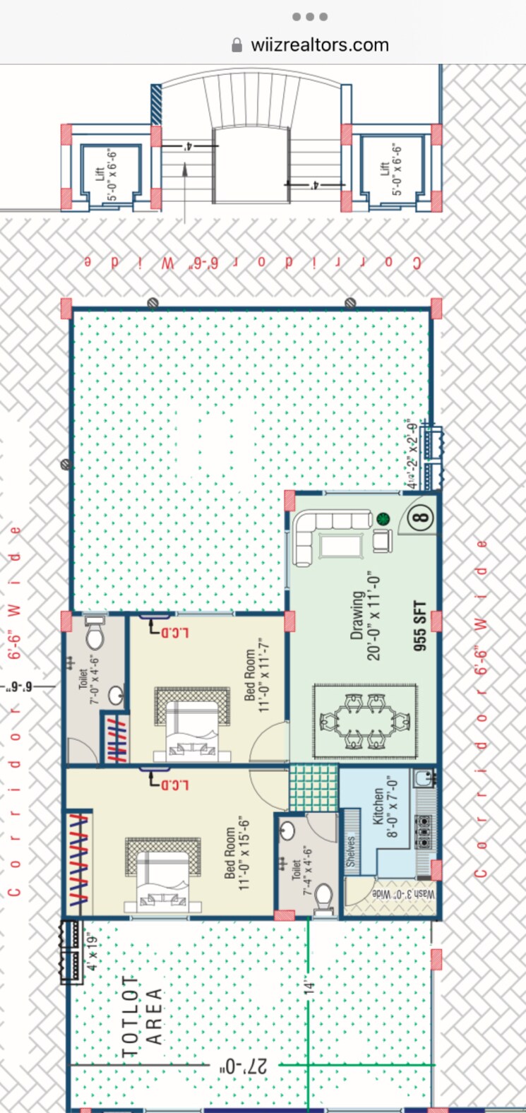 Floor Plan, rr-homes-mehdipatnam 2 Bedroom 956 Sq.Ft. Apartment In Mehdipatnam Hyderabad 9117232