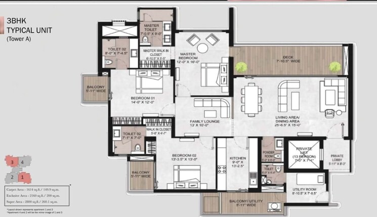 Floor Plan, silverglades-the-legacy 3.5 Bedroom 2800 Sq.Ft. Apartment In Sector 59 Gurgaon 9121078