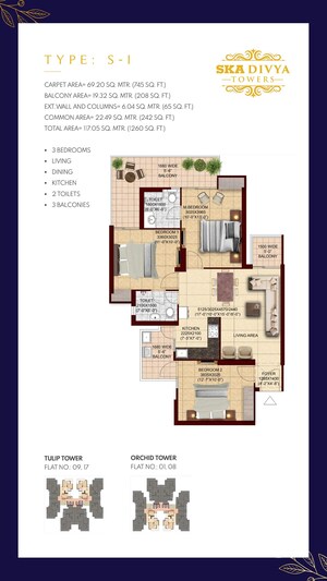 Floor Plan in 3 BHK Apartment at SKA Divya Towers, Sector 16 Greater Noida – for Sale