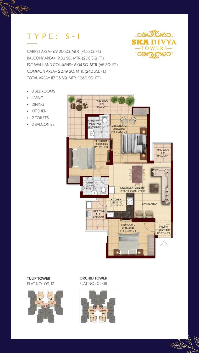 Floor Plan, ska-divya-towers 3 Bedroom 1260 Sq.Ft. Apartment In Sector 16 Greater Noida Greater Noida 9122119