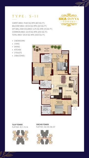 Floor Plan in 3 BHK Apartment at SKA Divya Towers, Sector 16 Greater Noida – for Sale