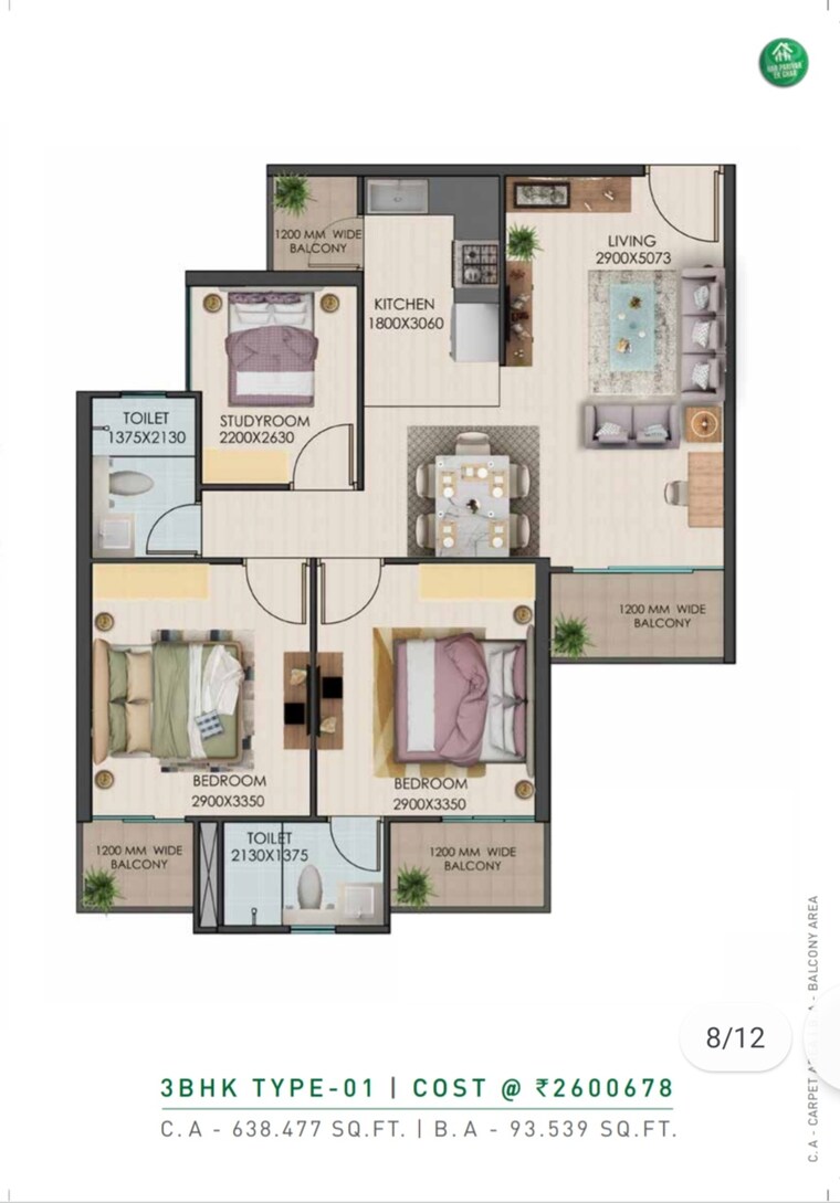 Floor Plan, signature-global-golf-greens 3 Bedroom 732 Sq.Ft. Apartment In Sector 79 Gurgaon 9130924