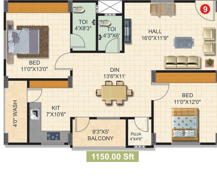 Floor Plan, miyapur 2 Bedroom 1150 Sq.Ft. Apartment In Miyapur Hyderabad 9130944