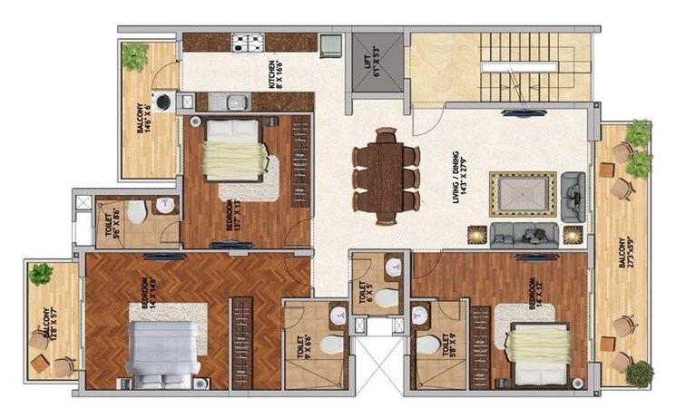 Floor Plan, ansal-sushant-apartments 4 Bedroom 2500 Sq.Ft. Apartment In Sushant Lok I Gurgaon 9134397
