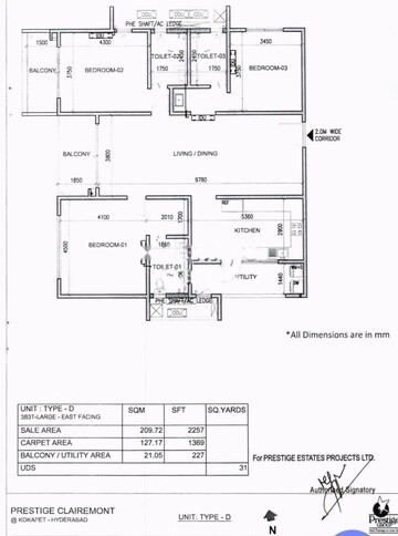 Floor Plan in 3 BHK Apartment at Prestige Clairemont, Kokapet – for Sale