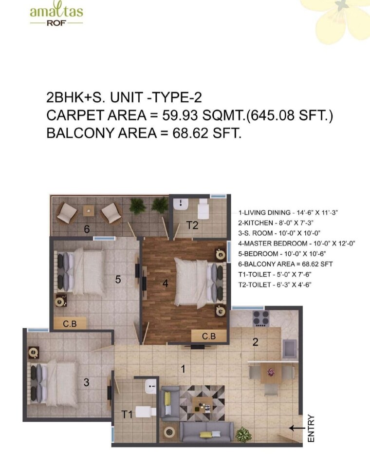 Floor Plan, rof-amaltas 3 Bedroom 744 Sq.Ft. Apartment In Sector 92 Gurgaon 9143097