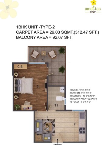 Floor Plan in 1 BHK Apartment at ROF Amaltas, Sector 92 – for Rent