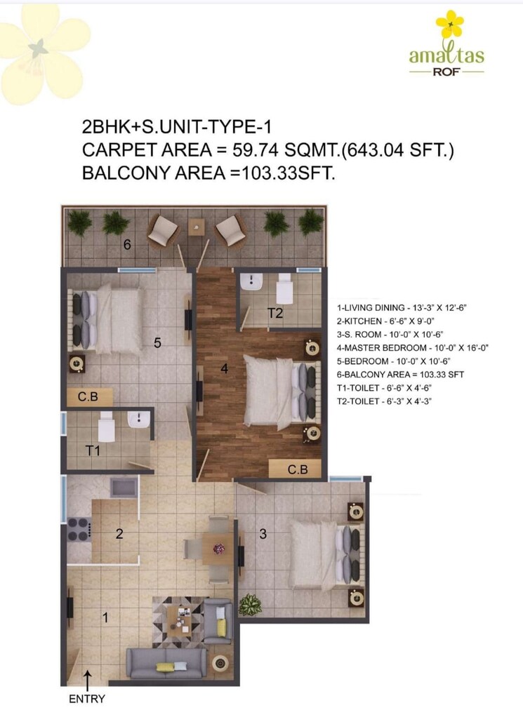 Floor Plan, rof-amaltas 3 Bedroom 744 Sq.Ft. Apartment In Sector 92 Gurgaon 9143345