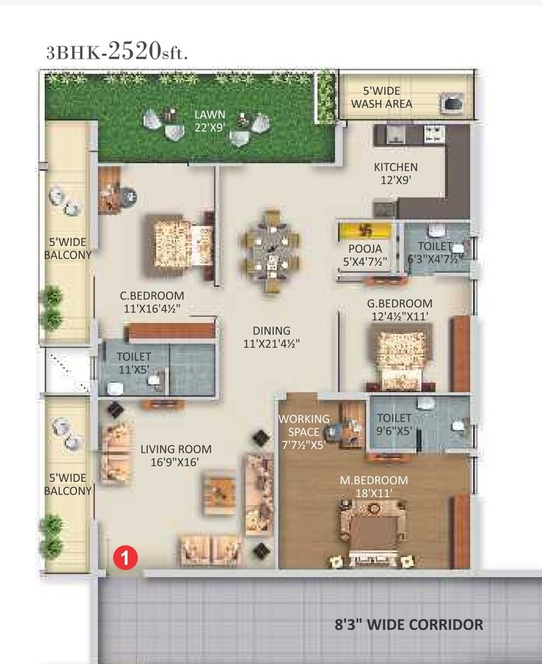 Floor Plan, nizampet 3 Bedroom 2520 Sq.Ft. Apartment In Nizampet Hyderabad 9148196