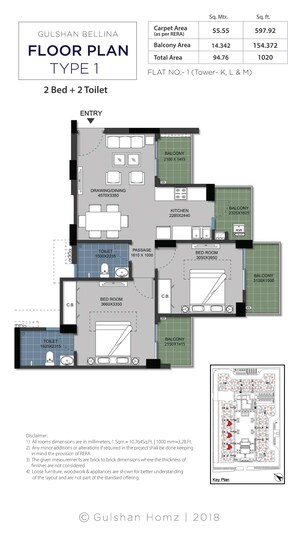 Floor Plan in 2 BHK Apartment at Gulshan Bellina, Sector 16 Greater Noida – for Sale