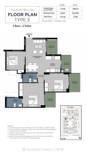 Floor Plan in 3 BHK Apartment at Gulshan Bellina, Sector 16 Greater Noida – for Sale