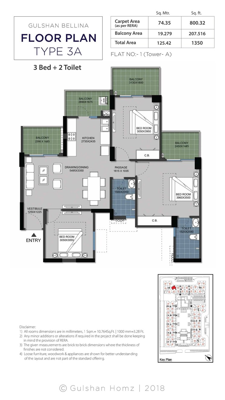 Floor Plan, gulshan-bellina 3 Bedroom 1350 Sq.Ft. Apartment In Sector 16 Greater Noida Greater Noida 9152989