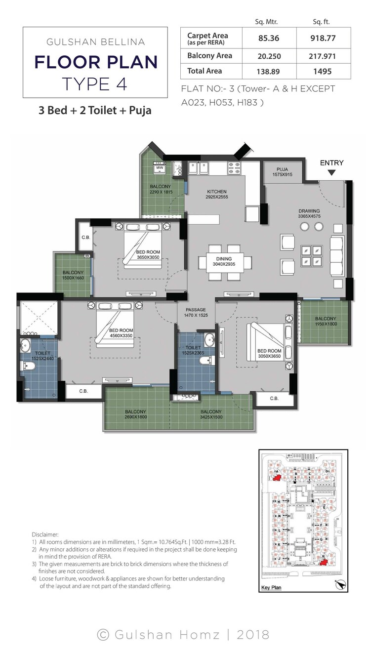 Floor Plan, gulshan-bellina 3 Bedroom 1495 Sq.Ft. Apartment In Sector 16 Greater Noida Greater Noida 9153022