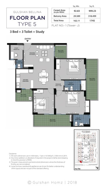 Floor Plan in 3 BHK Apartment at Gulshan Bellina, Sector 16 Greater Noida – for Sale