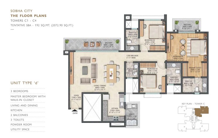 Floor Plan, sobha-city-gurgaon 3 Bedroom 2072 Sq.Ft. Apartment In Sector 108 Gurgaon 9153522