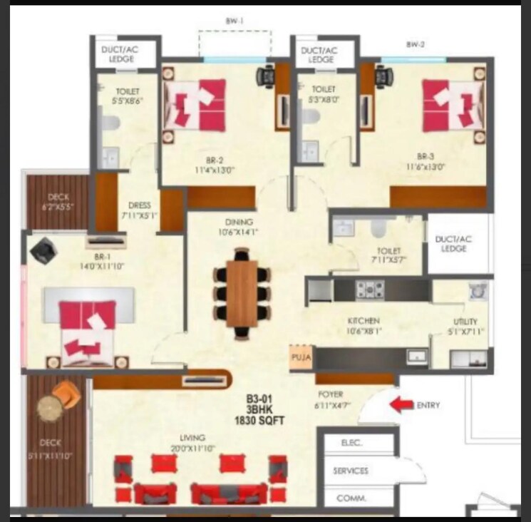 Floor Plan, snn-raj-etternia 3 Bedroom 1830 Sq.Ft. Apartment In Haralur Road Bangalore 9154773