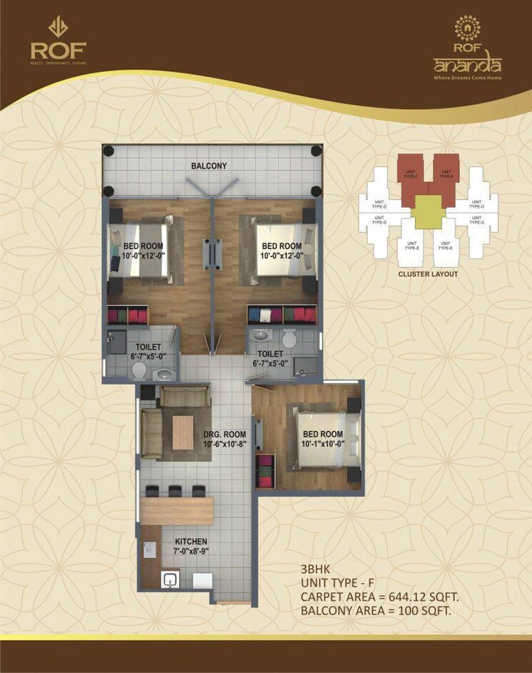 Floor Plan, rof-ananda 3 Bedroom 744 Sq.Ft. Apartment In Sector 95 Gurgaon 9158958