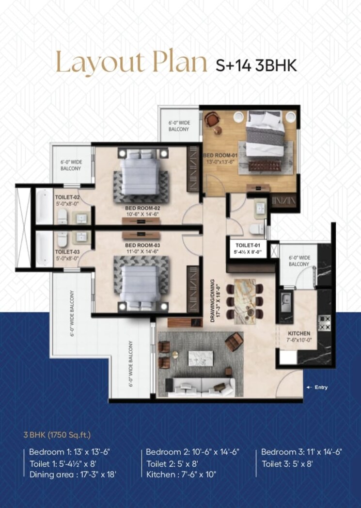 Floor Plan, ambala highway 3 Bedroom 1750 Sq.Ft. Apartment In Ambala Highway Chandigarh 9160898