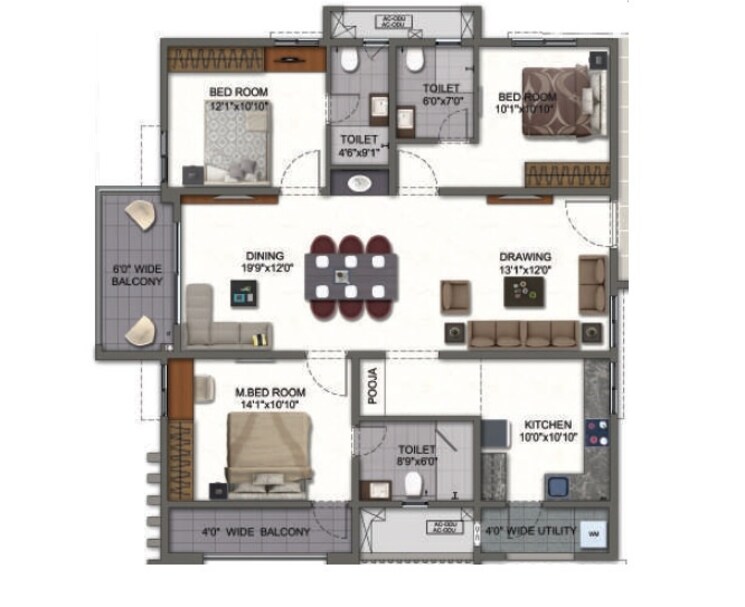 Floor Plan, white-waters-at-y 3 Bedroom 1795 Sq.Ft. Apartment In Kukatpally Hyderabad 9165526
