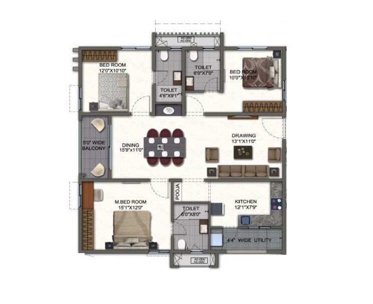 Floor Plan, white-waters-at-y 3 Bedroom 1795 Sq.Ft. Apartment In Kukatpally Hyderabad 9165526