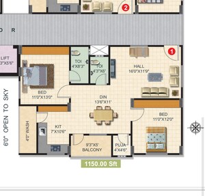 Floor Plan in 2 BHK Apartment at Green Meadows Ameenpur, Ameenpur – for Sale