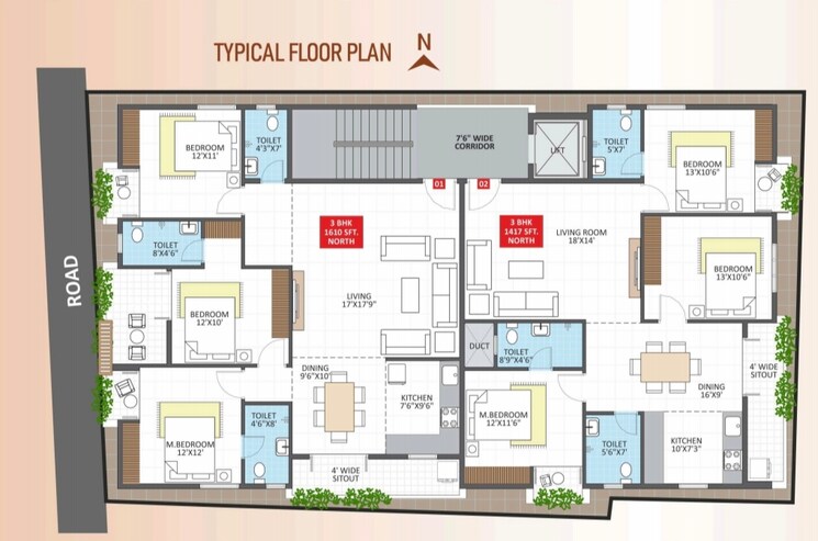 Floor Plan, new thippasandra 3 Bedroom 1610 Sq.Ft. Apartment In New Thippasandra Bangalore 9177694