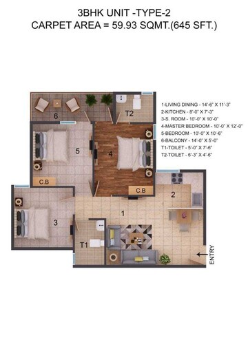 Floor Plan in 3 BHK Apartment at ROF Amaltas, Sector 92 – for Sale