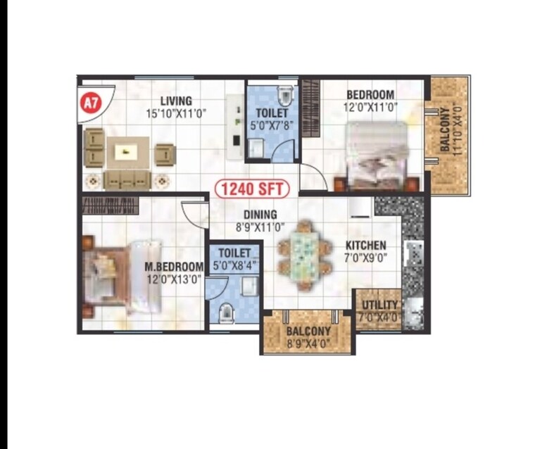 Floor Plan, saranya-swarovski 2 Bedroom 1240 Sq.Ft. Apartment In Belathur Bangalore 9183335