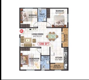 Floor Plan in 3 BHK Apartment at Saranya Swarovski, Belathur – for Sale