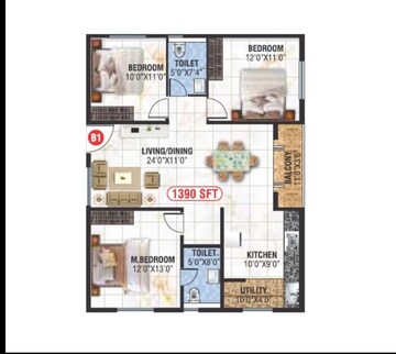 Floor Plan in 3 BHK Apartment at Saranya Swarovski, Belathur – for Sale