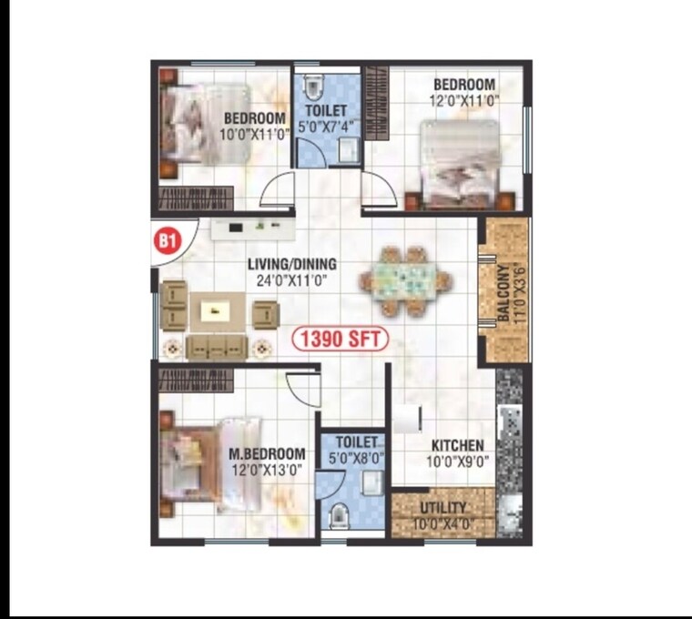 Floor Plan, saranya-swarovski 3 Bedroom 1390 Sq.Ft. Apartment In Belathur Bangalore 9183554