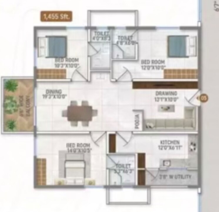 Floor Plan, narenn-primark-inspira 3 Bedroom 1455 Sq.Ft. Apartment In Miyapur Hyderabad 9185324