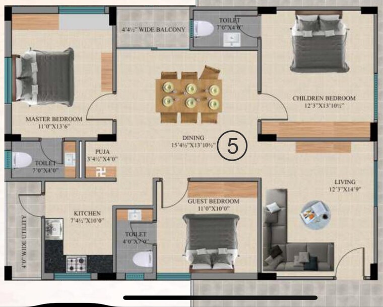Floor Plan, saishakti-symphony 3 Bedroom 1506 Sq.Ft. Apartment In Bandlaguda Jagir Hyderabad 9187994