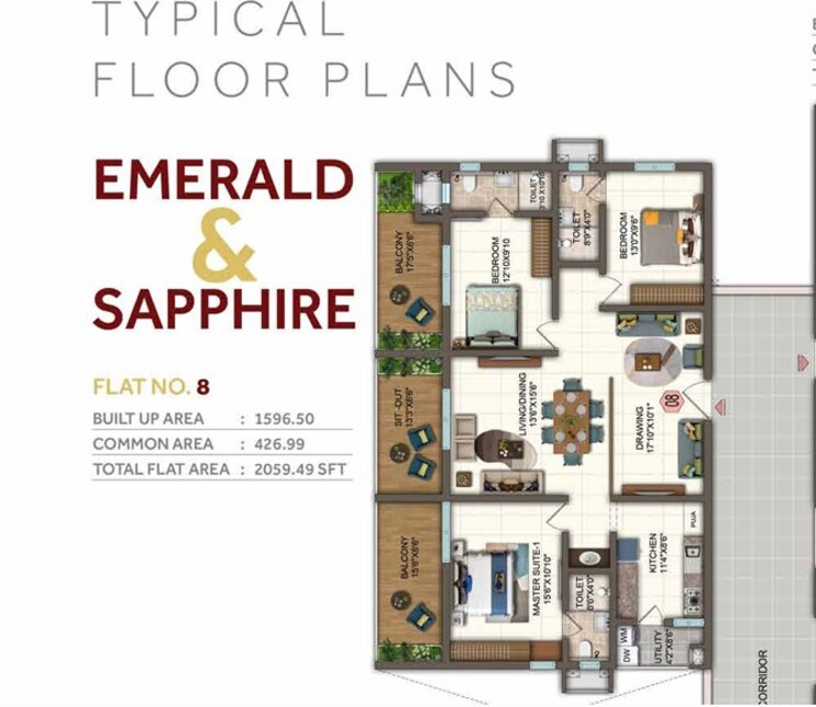Floor Plan, candeur-twins 3 Bedroom 1590 Sq.Ft. Apartment In Miyapur Hyderabad 9192384