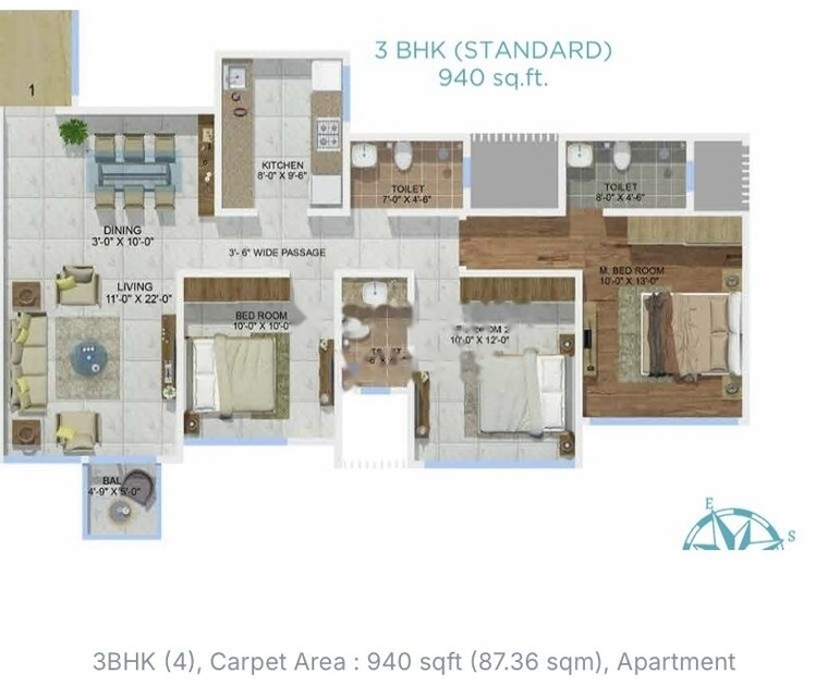 Floor Plan, sheth-montana 3 Bedroom 1110 Sq.Ft. Apartment In Mulund West Mumbai 9192854