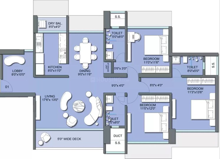 Floor Plan, eon-one 3 Bedroom 1325 Sq.Ft. Apartment In Prabhadevi Mumbai 9195902