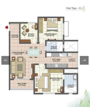 Floor Plan in 2.5 BHK Apartment at Prestige Song Of The South, Yelenahalli – for Sale