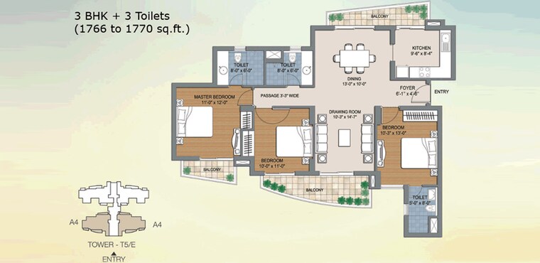 Floor Plan, bptp-the-resort 3 Bedroom 1643 Sq.Ft. Apartment In Sector 75 Faridabad 9198114