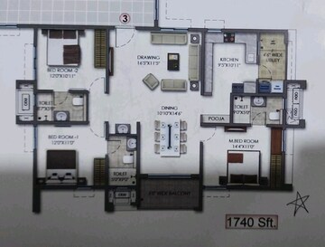Floor Plan in 3 BHK Apartment at Aparna Sarovar Zicon, Nallagandla – for Sale