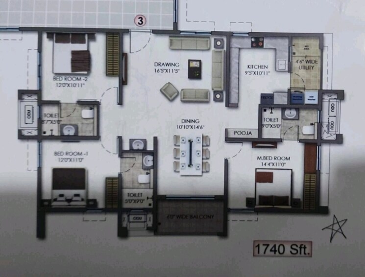 Floor Plan, aparna-sarovar-zicon 3 Bedroom 1740 Sq.Ft. Apartment In Nallagandla Hyderabad 9212720